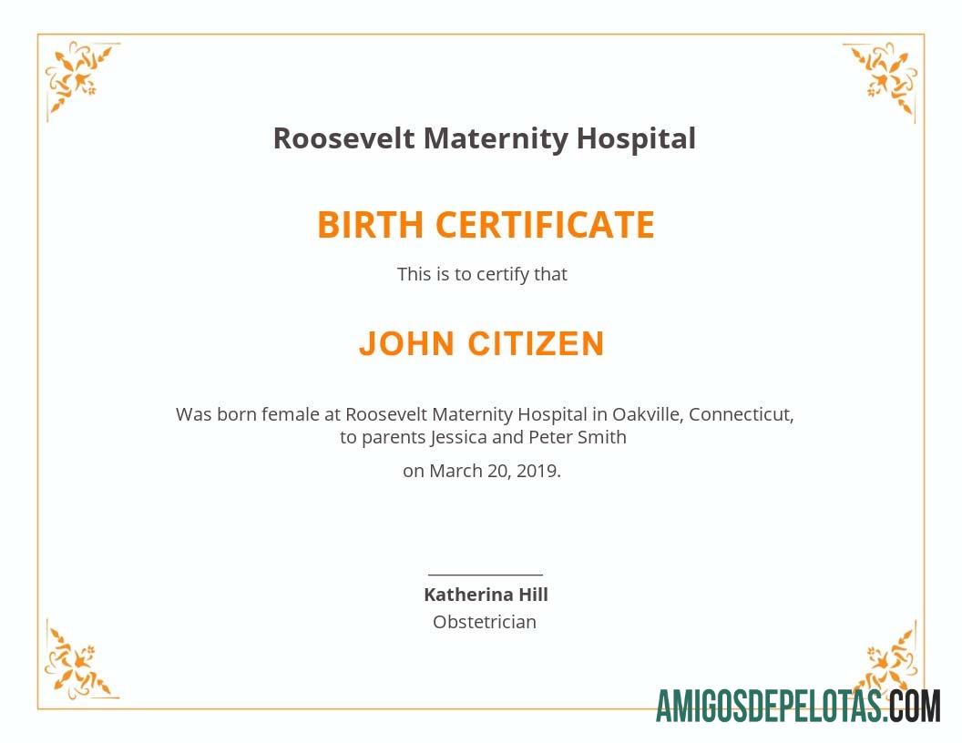 Certidão de nascimento do Hospital Maternidade Roosvelt de Nova York exemplo